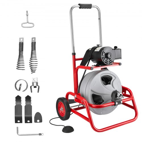 Vevor Drain Cleaner Machine 75 Ft X 3/8 Inch, Sewer Snake Auger On Wheels, Manual Feed Drain Cleaning Machine With Adjustable Drum Angle, 6 Cutters &-image