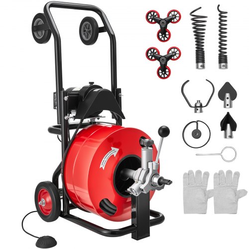 

VEVOR Drain Cleaner Machine 30m x 19mm, Auto Feed Sewer Snake Auger, Portable Drain Cleaning Machine with Multi-Wheel Combination, 6 Cutters & Air-Activated Foot Switch for 100mm to 200mm Pipes