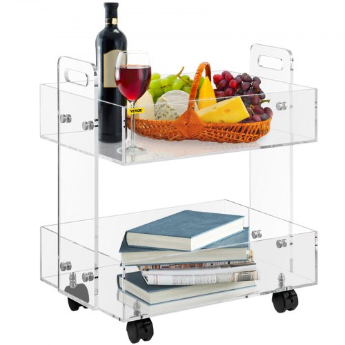 

VEVOR Acrylic Cart, 2 Tier, 0.3 in Thickened Board, Holds Up to 66 lbs, Acrylic Side Table with Lockable Swivel Wheels, for Office School Home, 13.4" x 15.7" x 19