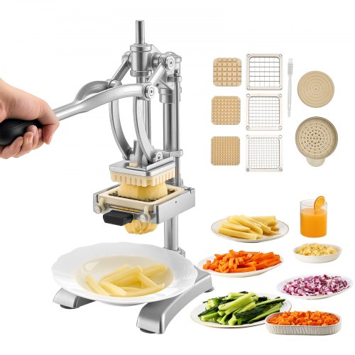 

VEVOR Commercial French Fry Cutter, Stainless Steel Vegetable Fruit Chopper with 3 Replacement Blades 1/2-Inch 3/8-Inch 1/4-Inch, and a Juicing Blade, Manual Potato Slicer Dicer for Restaurants & Home