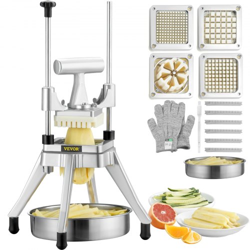 VEVOR Commercial Vegetable Fruit Chopper, Stainless Steel French Fry Cutter with 4 Blades 1/4" 3/8" 1/2", 6-wedge Slicer, Chopper Dicer with Tray, Hea