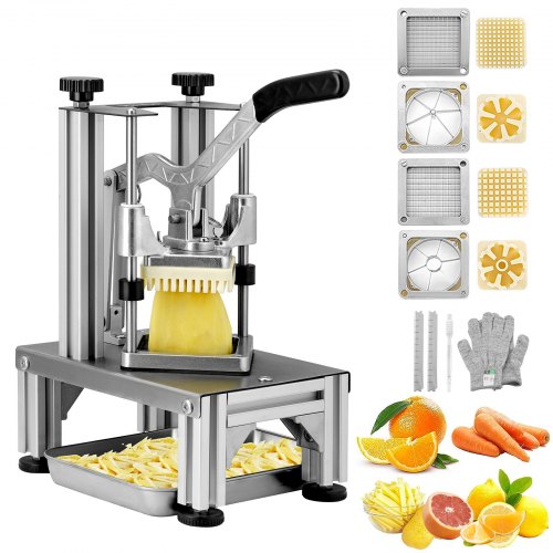 VEVOR Commercial French Fry Cutter with 4 Replacement Blades, 0.64 cm & 0.95 cm Blade Easy Dicer Chopper, 6-wedge Slicer & 6-wedge Apple Corer, Lemon Potato Cutter for French Fries with Tray and Handle
