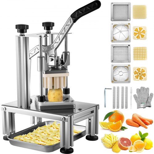 

VEVOR Commercial French Fry Cutter with 4 Replacement Blades, 1/4″ & 3/8″ Blade Easy Dicer Chopper, 6-wedge Slicer & 6-wedge Apple Corer, Lemon Potato Cutter for French Fries with Tray and Handle