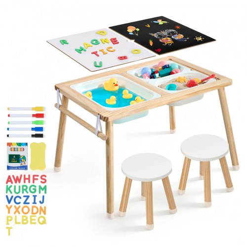 Vevor Sensory Table For Toddlers, Wooden Kids Activity Table With 2 Stools, Double-Sided Board, Storage Bins, And Non-Slip Feet, For Boys And Girls Pl-image