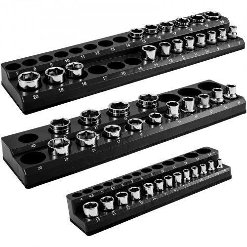 

VEVOR 3-Pack Metric Magnetic Socket Organizers, 1.27cm, 0.95cm, 0.64cm Drive Socket Holders Hold 75 Sockets, Black Tool Box Organizer for Sockets Storage