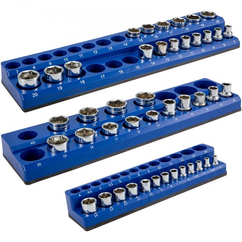 

VEVOR Magnetic Socket Organizer Socket Holder 3 pcs 1/2, 3/8, 1/4-in Metric Blue