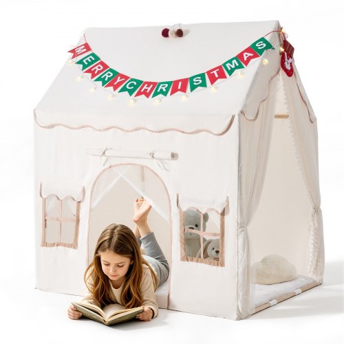 Vevor Kids Play Tent 2 In 1 Wood Frame Toddler Tent With Padded Mat Beige, For Girls Boys Birthday Play, Indoor & Outdoor Playhouse, Cozy Reading Corn-image