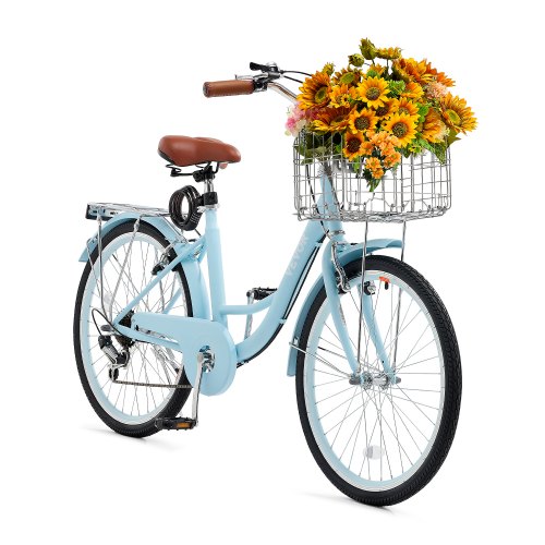 

24-Inch Cruiser Bike 7-Speed Light Blue Beach Cruiser Bike with Basket