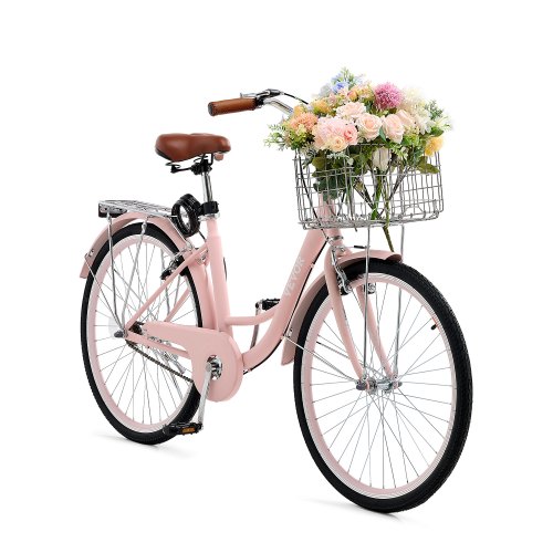 

26-Inch Cruiser Bike 1-Speed Pink Beach Cruiser Bike with Basket