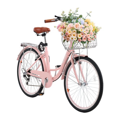 

VEVOR 26-Inch Cruiser Bike 7-Speed Pink Beach Cruiser Bike with Basket