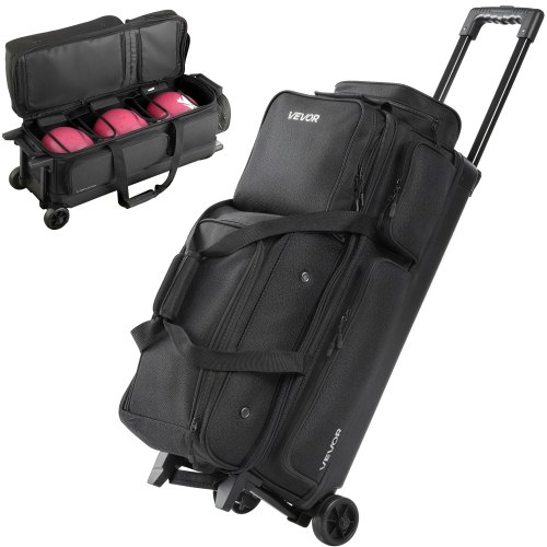 

VEVOR Bowling Ball Bag, 3 Ball Double Roller Bowling Bag with Wheels, Featuring a Separate Compartment for Shoes (Up To US Size 16) & Oversized Accessory Pocket, Retractable Handle Extends to 1050 mm