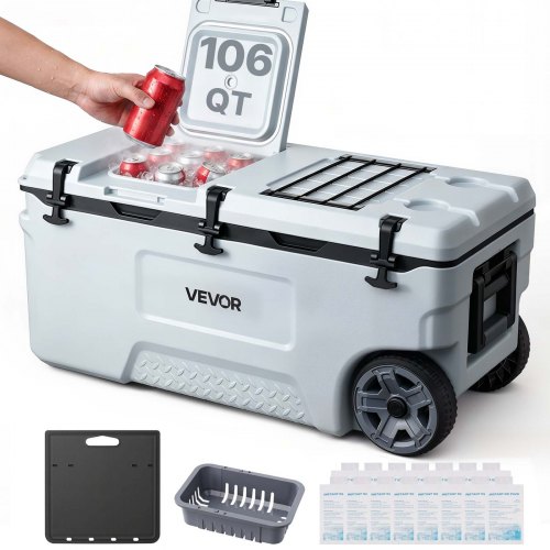 VEVOR Hard Cooler, 106QT Portable Rolling Cooler with Wheels, Leak-Resistant Coolbox Keeps Contents Cool for 48 Hours, Ice Retention Insulated Chests, Ultra-Light for Outdoor Picnics, Grill, Camping