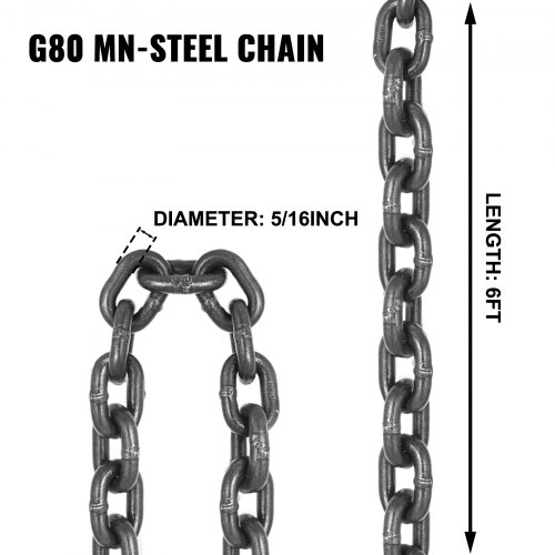 6600LBS 6FT Chain Sling 5/16Inch x 6FT Lifts Double Leg w/Self-Locking Hook 