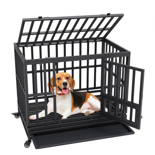 VEVOR 38 Inch Heavy Duty Dog Crate, Indestructible Dog Crate, 3-Door Heavy Duty Dog Kennel For Medium To Large Dogs With Lockable Wheels And Removable