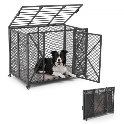 

VEVOR 38 Inch Heavy Duty Dog Crate, Max Load 250 lbs, Foldable Indestructible Escape-Proof Dog Kennel Indoor for High Anxiety Small & Medium Breeds, Steel Pet Cage with Double Doors & Lockable Wheels