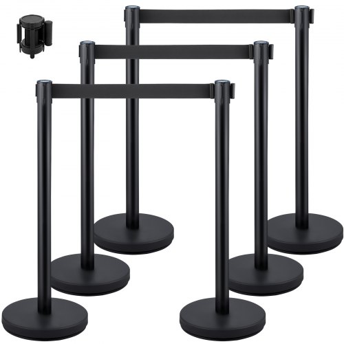 

VEVOR 6 PCS Black Stanchion Posts Stainless Steel Stanchion Queue Post Black Belt Retractable 36In for Both Indoor and Outdoor use.