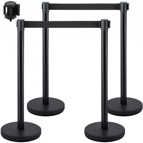 VEVOR Crowd Control Stanchion Set of 4 Pieces Stanchion Set Black Crowd Control Barrier w/Concrete and Metal Base – Easy Connect Assembly Stanchion Set with 6.6 ft/2 m Black Retractable Belt 
