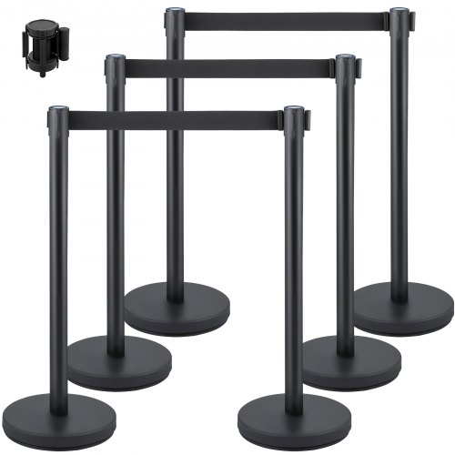 

VEVOR Crowd Control Stanchion, Set of 6 Pieces Stanchion Set, Stanchion Set with 6.6 ft/2 m Black Retractable Belt, Black Crowd Control Barrier w/Concrete and Metal Base - Easy Connect Assembly