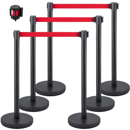 

VEVOR Crowd Control Stanchion, Set of 6 Pieces Stanchion Set, Stanchion Set w/ 6.6 ft/2 m Red Retractable Belt, Black Crowd Control Barrier w/ Rubber Base – Easy Connect Assembly for Crowd Control