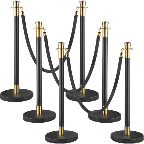 VEVOR Crowd Control Stanchion, Set of 6 Pieces Stanchion Set, Stanchion Set with 5 ft/1.5 m Black Velvet Rope, Black Crowd Control Barrier w/Sturdy Concrete and Metal Base Easy Connect Assembly
