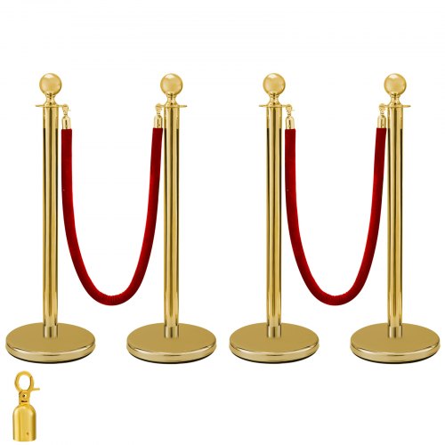 Stainless Steel Crowd Control Stanchions W Velvet Ropes Ball 2 Red Ropes 4 Pack