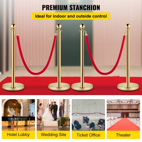 4pcs Gold Stainless Steel Stanchion Posts Queue Red Velvet Ropes 38in Barriers for sale online 
