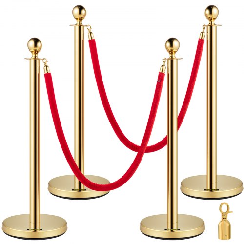 4pcs Gold Stainless Steel Stanchion Posts Queue Red Velvet Ropes 38in Barriers