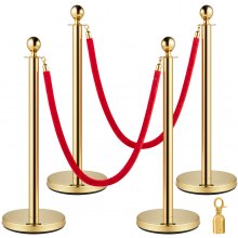 VEVOR Set of 2 Queue Barrier Posts Gold Round Top Stands Security Stanchion Rope Divider with 1.5M Red Rope Crowd Control Barrier Gold Round top Column