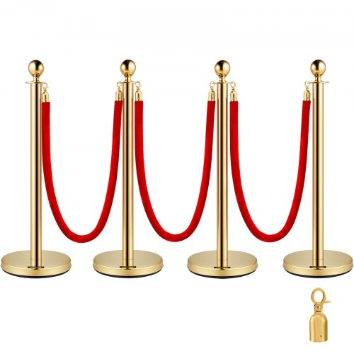 

4pcs Red Velvet Rope Stanchion Gold Post Crowd Control Queue Line Barrier 3-rope