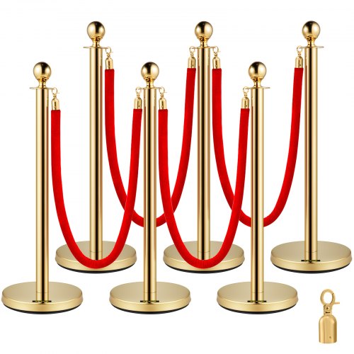 6PCS Red Rope Stanchion Silver Post Crowd Control Queue Line Barrier