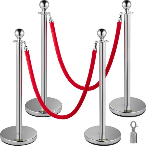 Crowd Control Stanchions Velvet Ropes Ball Silver Pillar 2 Red Ropes 1.5m 4 Pack