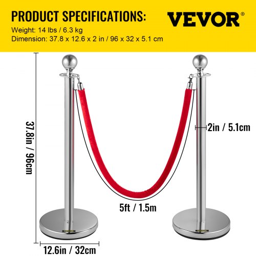 4Pcs Stanchion Post/Set/Rope Stainless Steel Retractable Queue Barrier Silver 