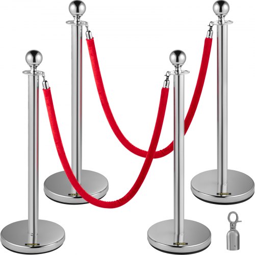 

VEVOR 4PCS Stainless Steel Stanchion Posts Queue, Red Velvet Ropes Silver, 38In Rope Barriers Queue Line Crowd Control Barriers for Party Supplies