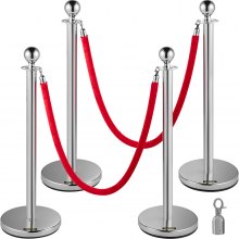 VEVOR Silver Crowd Control Barrier Retractable Posts Stands Round Top Queue Security Stanchion Rope Divider with 1.5M Red Rope Silver Round top Column