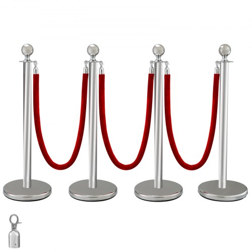 4 X Silver Queue Barrier Posts Stands Security Stanchion Rope Divider Steel Set