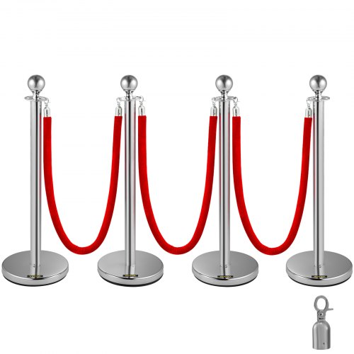 VEVOR 4 Pack Retractable Silver Round Top Stanchion Post Queue Crowd Control Barrier Posts Line Pole with 1.5M Red 2 Velvet Rope