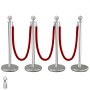 Stainless Steel Crowd Control Stanchions And Velvet Ropes Ball Round Top Silver Pillar 3 Red Ropes 1.5m 4 Pack