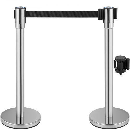 VEVOR Crowd Control Stanchion, Set of 2 Pieces Stanchion Set, Stanchion Set with 6.6 ft/2 m Black Retractable Belt, Silver Crowd Control Barrier w/Concrete and Metal Base - Easy Connect Assembly