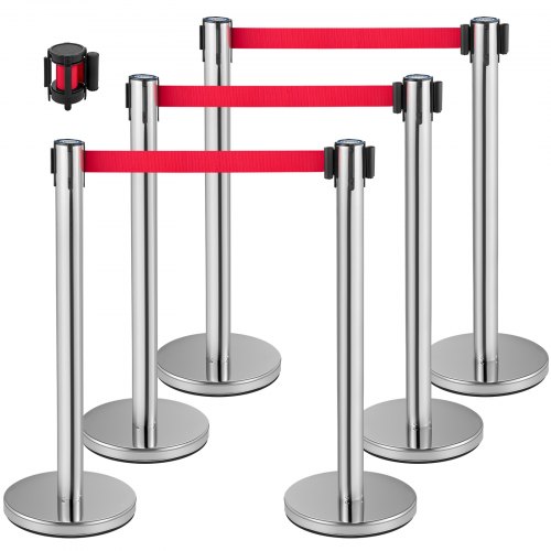 

VEVOR Crowd Control Stanchion, Set of 6 Pieces Stanchion Set, Stanchion Set with 2 m Red Retractable Belt, Crowd Control Barrier with Rubber Base – Easy Connect Assembly for Crowd Control (Silver)