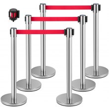 VEVOR Crowd Control Stanchion, Set of 6 Pieces Stanchion Set, Stanchion Set 6.6ft/2m Red Retractable Belt, Silver Crowd Control Barrier w/Sturdy Rubber Base Easy Connect Assembly for Crowd Control