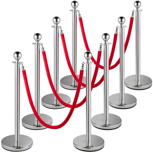 Vevor 8 Pcs Crowd Control Stanchion Set Queue Barrier W/ Red Velvet Rope-silver