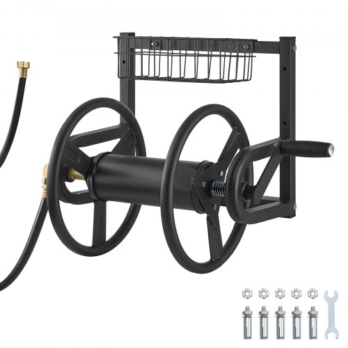 

Wall Mounted Garden Hose Reel 125ft 5/8 in Hose Holder Brass Fitting & Basket