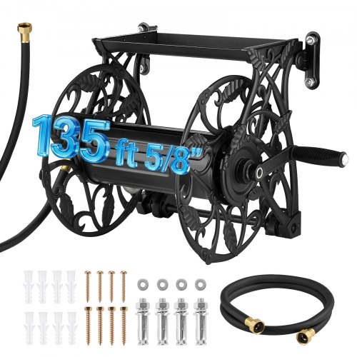 VEVOR Wall Mounted Garden Hose Reel, Holds 135 Feet of 5/8-inch Hose, Outdoor Heavy-Duty Waterhose Holder Winder, with Widened Top Tray, Aluminum Allo