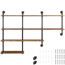 VEVOR Pipe Shelves Industrial Iron Pipe Wall Mounted w/ 4-Tier Wood Planks Black