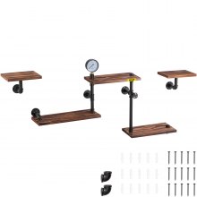 VEVOR Pipe Shelves Industrial Iron Pipe Wall Mounted w/ 5-Tier Wood Planks Black