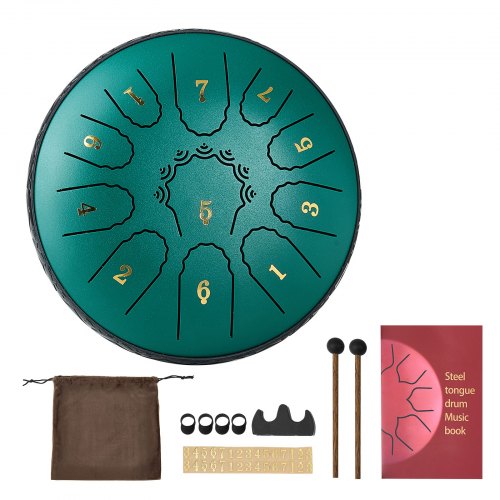 VEVOR Steel Tongue Drum, 6 in 11 Notes Rain Drum for Outside Garden, D Major Musical Drums with Music Book & Mallets, Percussion Instrument for Meditation Yoga Beginner Musical Education, Green