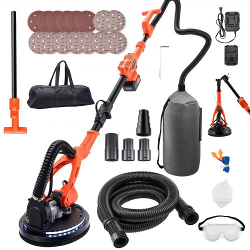 

VEVOR Cordless Drywall Sander, 450W Electric Sander, Popcorn Ceiling Removal Tool with Vacuum Dust Collection, 7 Variable Speed 0-1600 RPM, LED Light, Foldable & Extendable Handle, 15 Sanding Discs