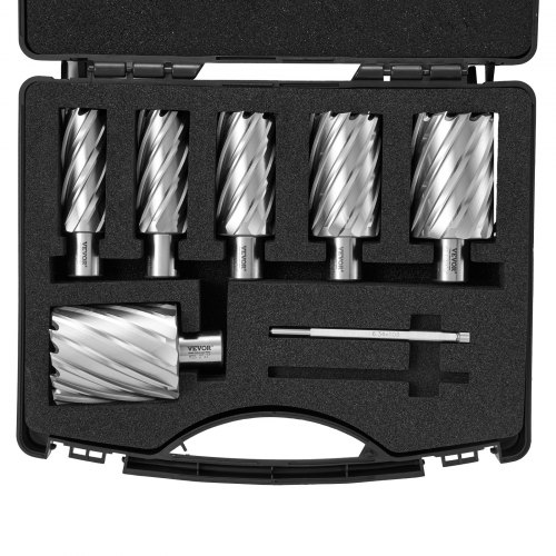 

VEVOR Annular Cutter Set, 6 pcs Weldon Shank Mag Drill Bits, 1" to 2" Cutting Diameter, 2" Cutting Depth, M2AL High-Speed Steel, with 2 Pilot Pins and Portable Case, for Using with Magnetic Drills