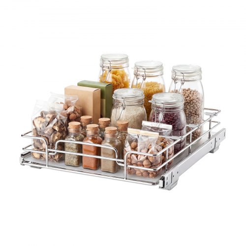 Vevor Pull Out Cabinet Organizer 12.4"W x 16.54"D Steel Slide Out Drawers, for Kitchen Bathroom Pantry Home Organization, Chrome-Plated Finish, Heavy Duty Storage Sliding Shelves for Base Cabinets