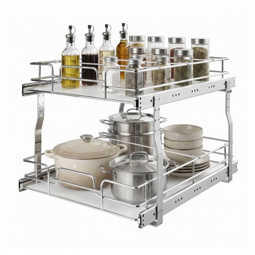 Vevor 2 Tier Pull Out Cabinet Organizer 16.97"W x 21.22"D Slide Out Drawers, for Kitchen Bathroom Pantry Organization, Chrome-Plated Finish, Heavy Duty Steel Storage Sliding Shelves for Base Cabinets